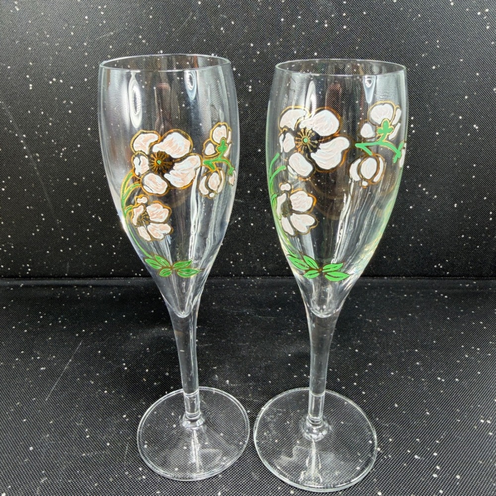 Perrier Jouët Belle Epoque Floral Champagne Flutes White Blossom Gold Trim Set 2